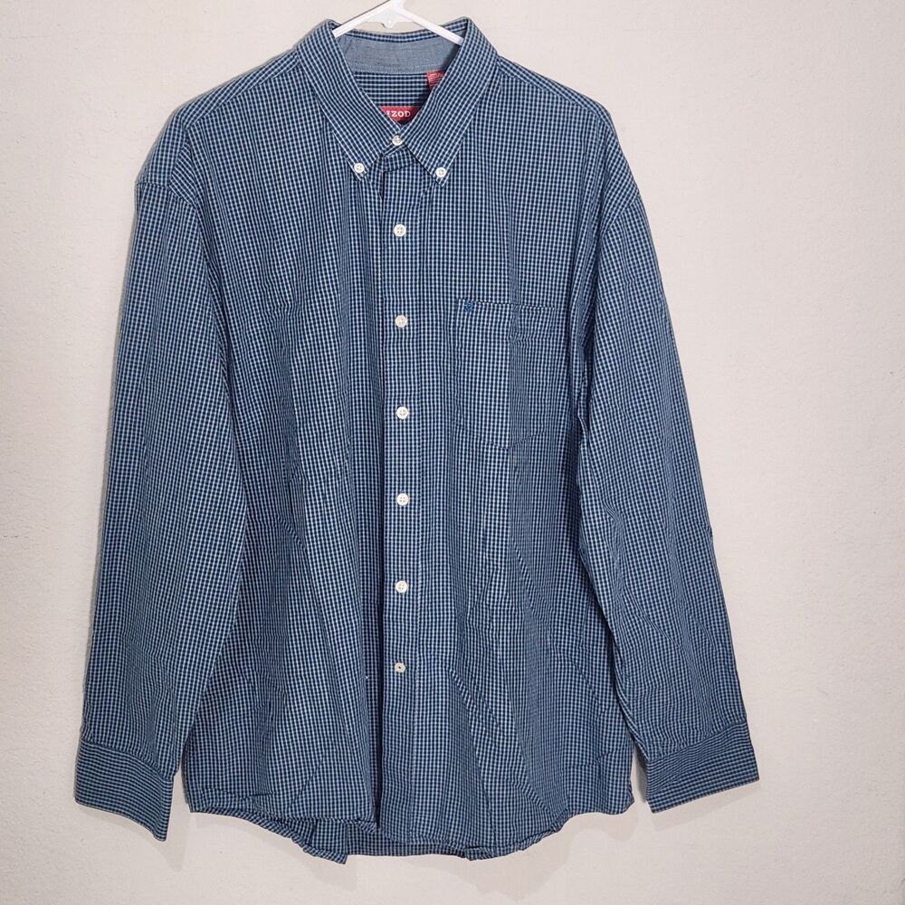 IZOD Mens XL Blue Check Button Down Shirt Long Sleeve Cotton Casual Classic